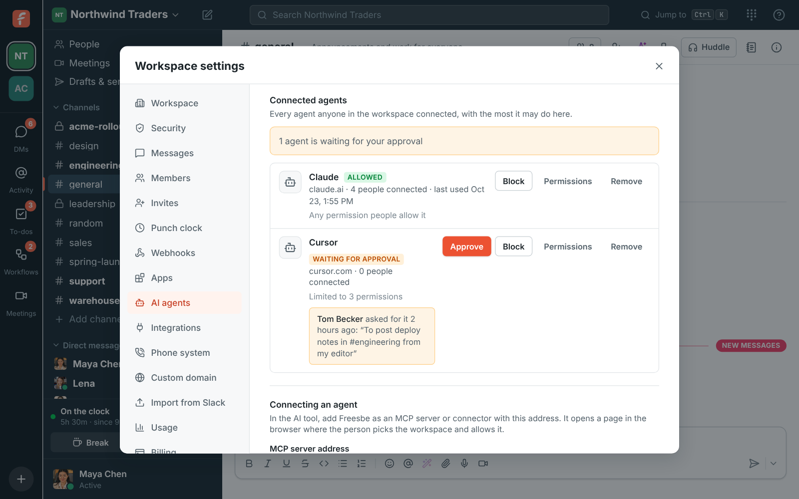 Workspace settings, AI agents: who can connect, the connected agents with Approve, Block and Permissions, and the activity log