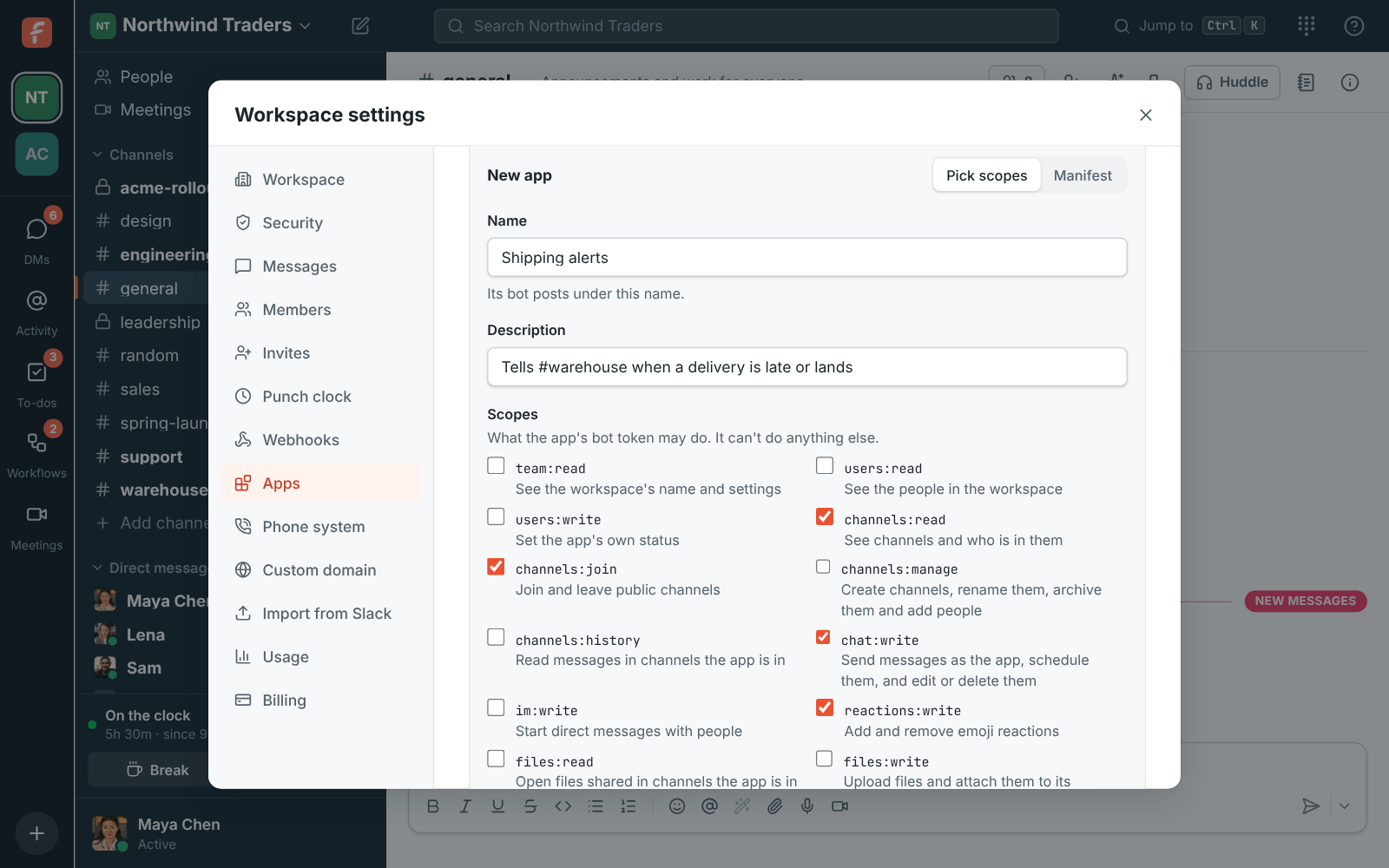 Create app: a name, a description and the scopes to tick
