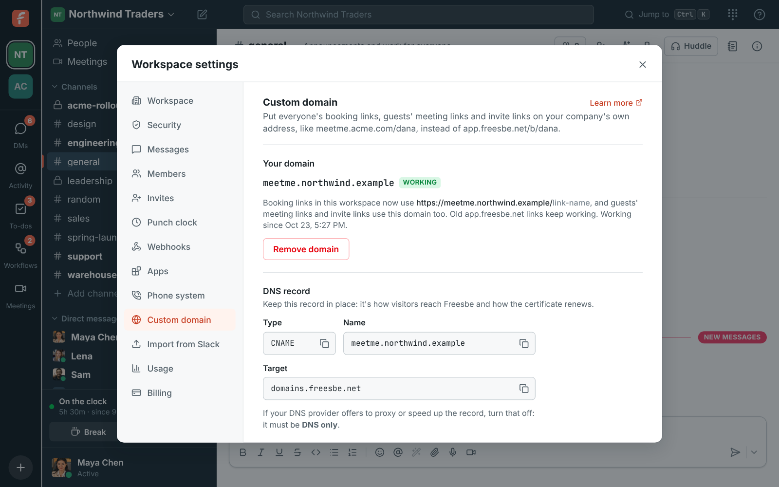The Custom domain section: meetme.northwind.example is working, with the CNAME record to keep in place