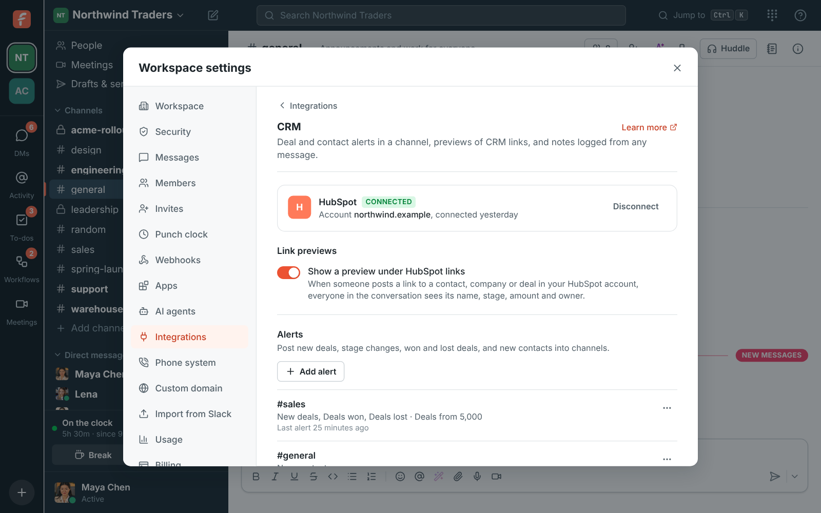 Workspace settings, Integrations, CRM: HubSpot connected to northwind.example, link previews on, and two alerts