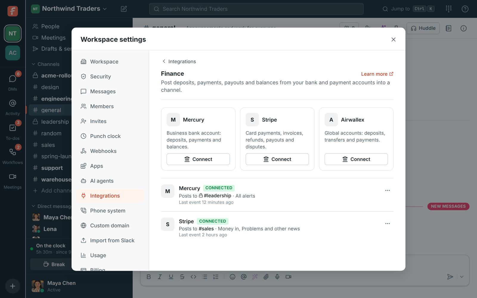 Workspace settings, Integrations, Finance: Mercury posting to #leadership and Stripe posting to #sales