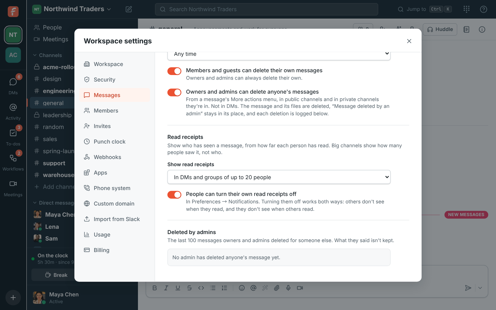 Workspace settings, Messages: Read receipts shown in DMs and groups of up to 20 people, and people can turn their own off