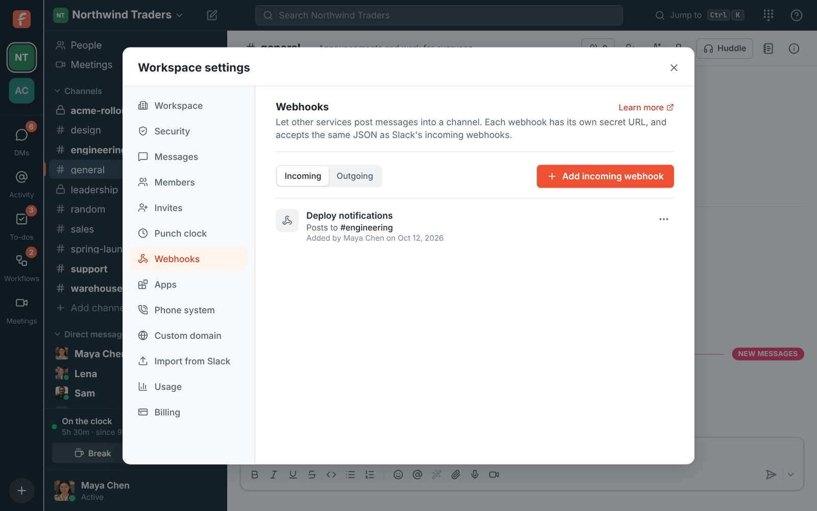 Workspace settings, Webhooks: an incoming webhook that posts to #engineering