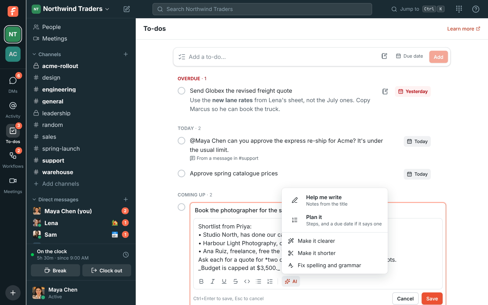 The AI menu under a to-do’s notes: Help me write, Plan it, Make it clearer, Make it shorter and Fix spelling and grammar