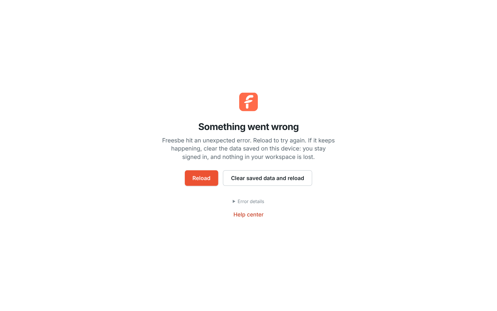 The Freesbe error screen with Reload and Clear saved data and reload