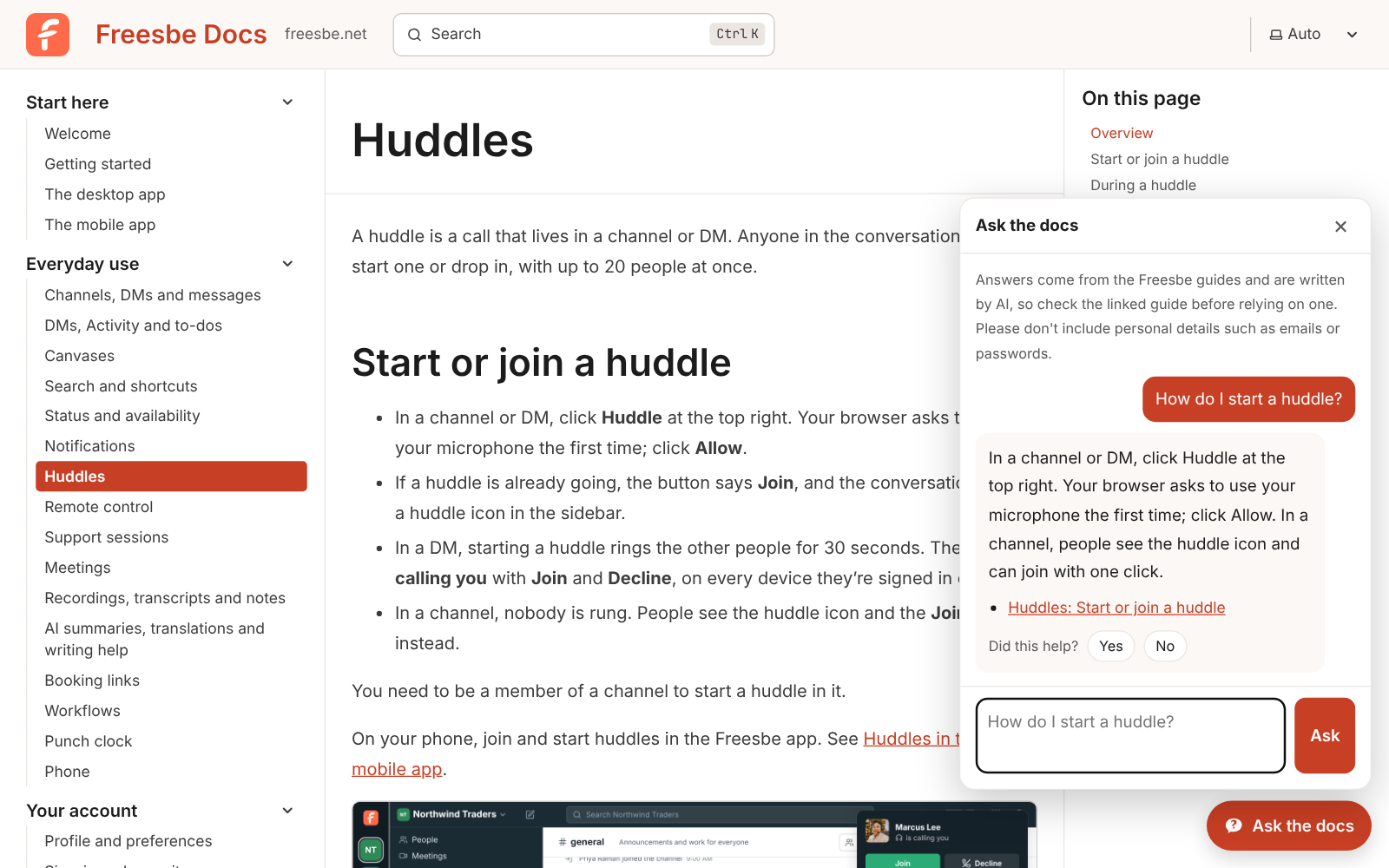 The Ask the docs panel open on the Huddles guide, answering how to start a huddle with a link to the guide