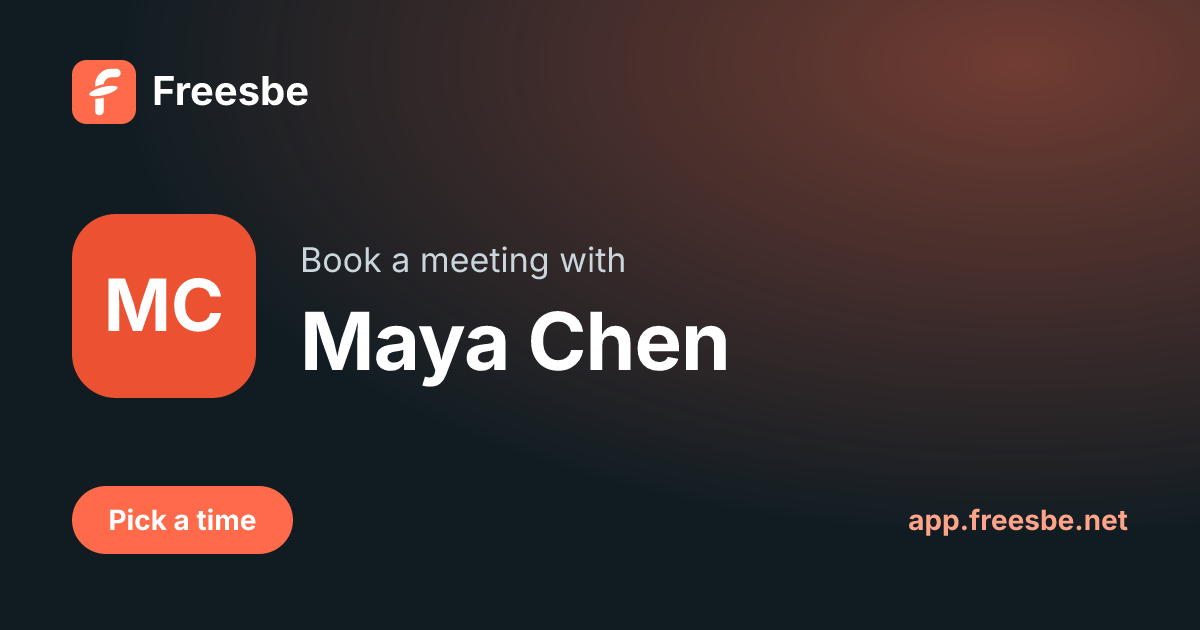 The link preview card: Book a meeting with Maya Chen, with her photo or initials and a Pick a time button