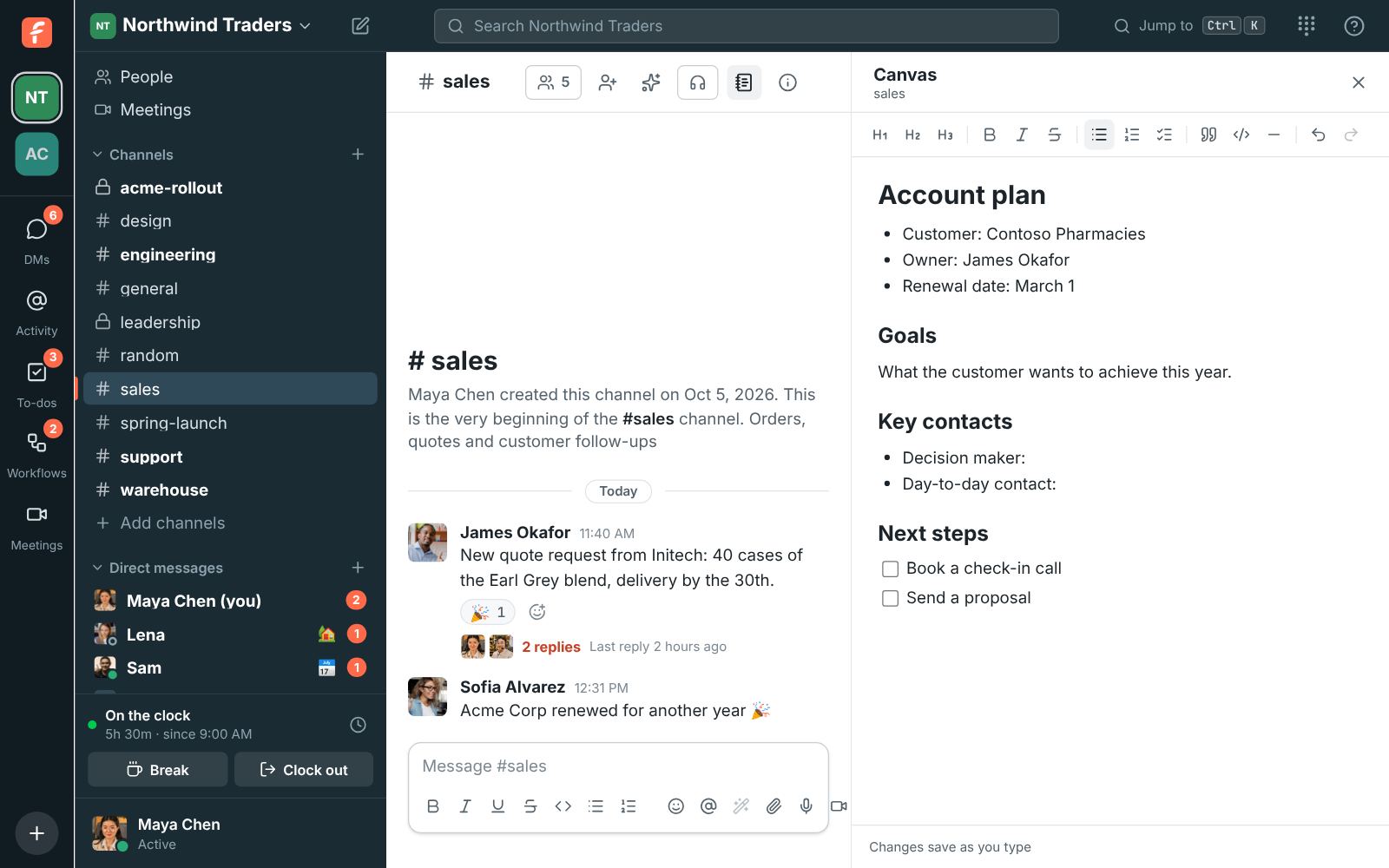 The #sales canvas filled from the Account plan template, with the customer, owner and renewal date filled in