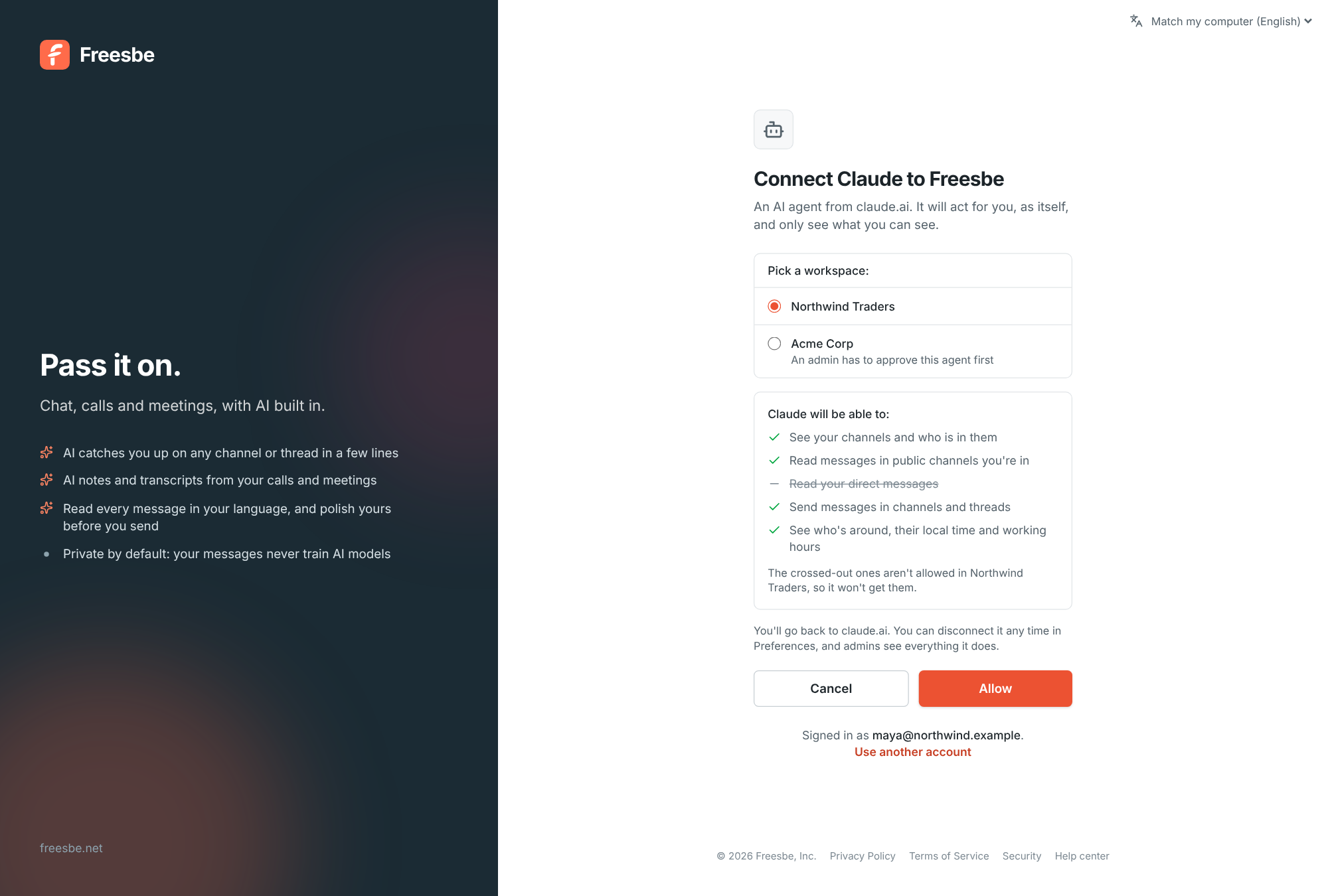 Connect Claude to Freesbe: pick a workspace, see what it will be able to do, and allow it