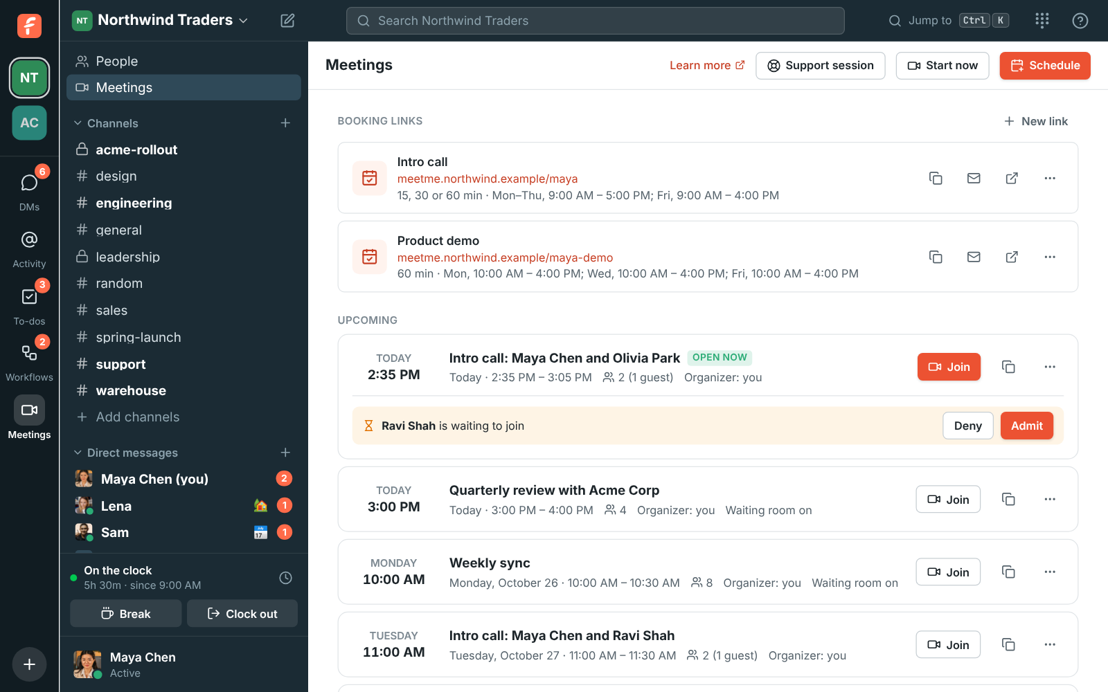 Meetings, Booking links: Intro call at meetme.northwind.example/dana and Product demo at meetme.northwind.example/dana-demo