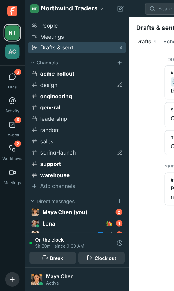 The sidebar with Drafts & sent under Meetings and pencils next to #design and #spring-launch, which have messages waiting to be sent