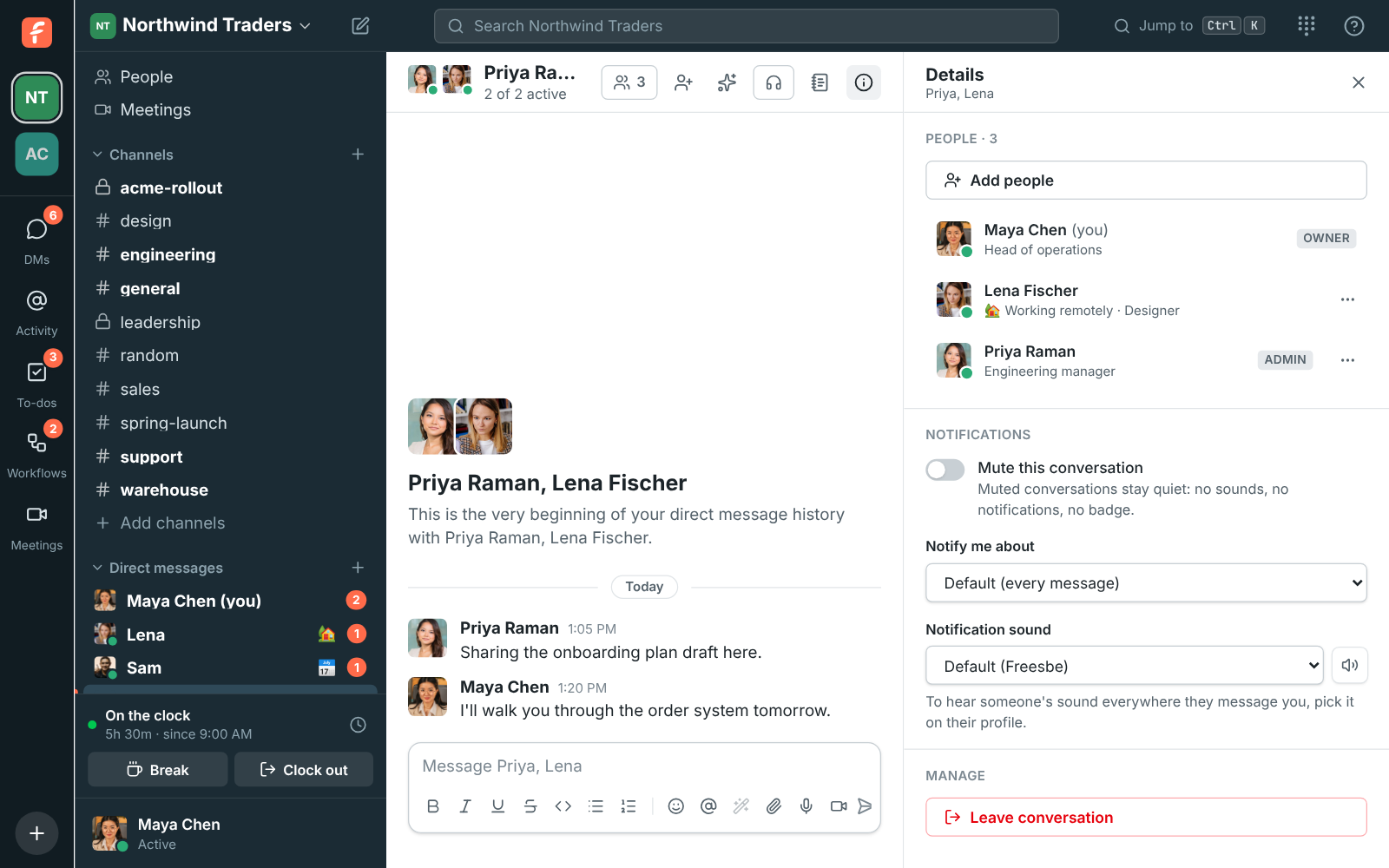 Details of a group DM with Maya, Lena and Priya listed under People, each with their job title