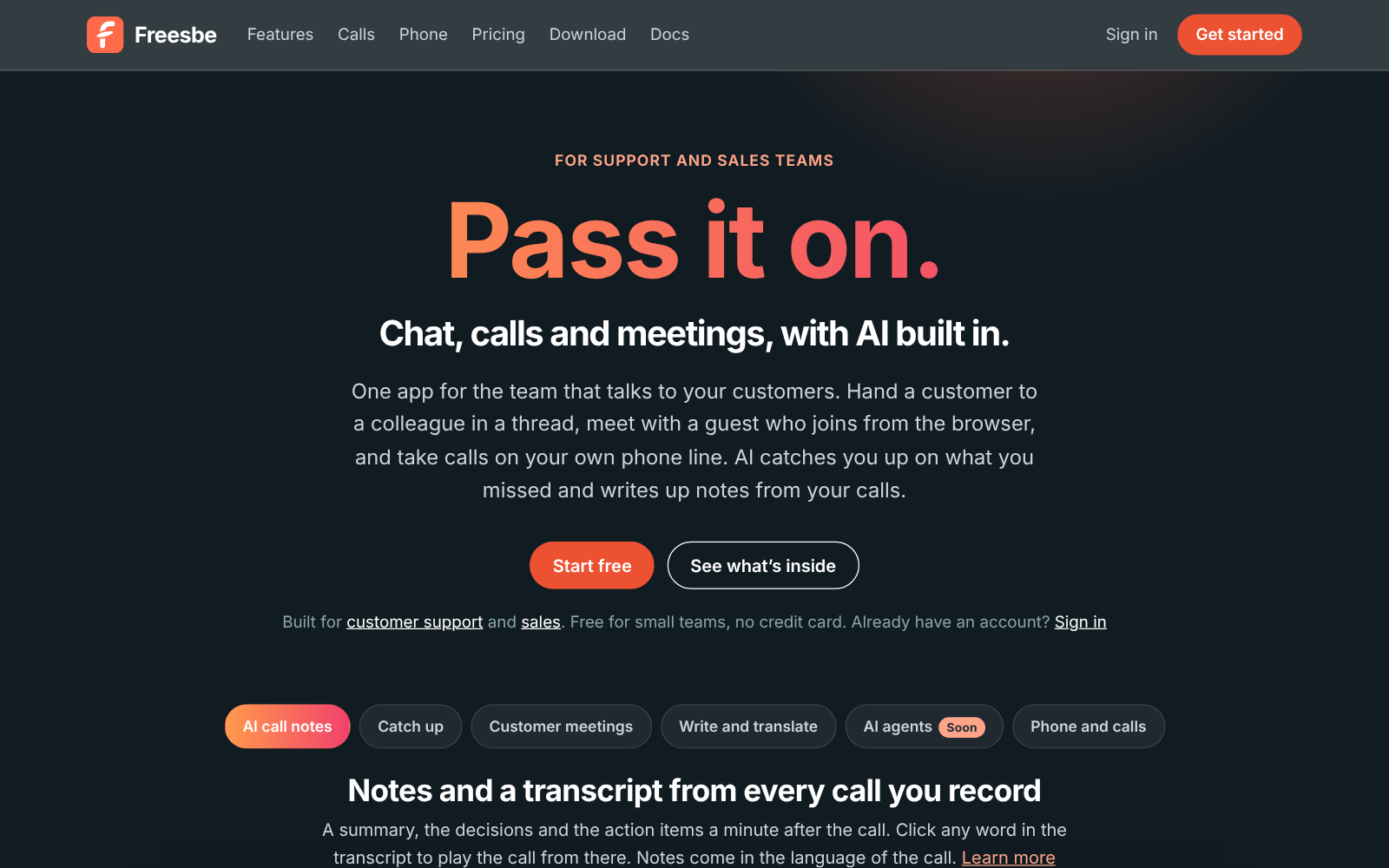 The Freesbe home page: Pass it on. Chat, calls and meetings, with AI built in.