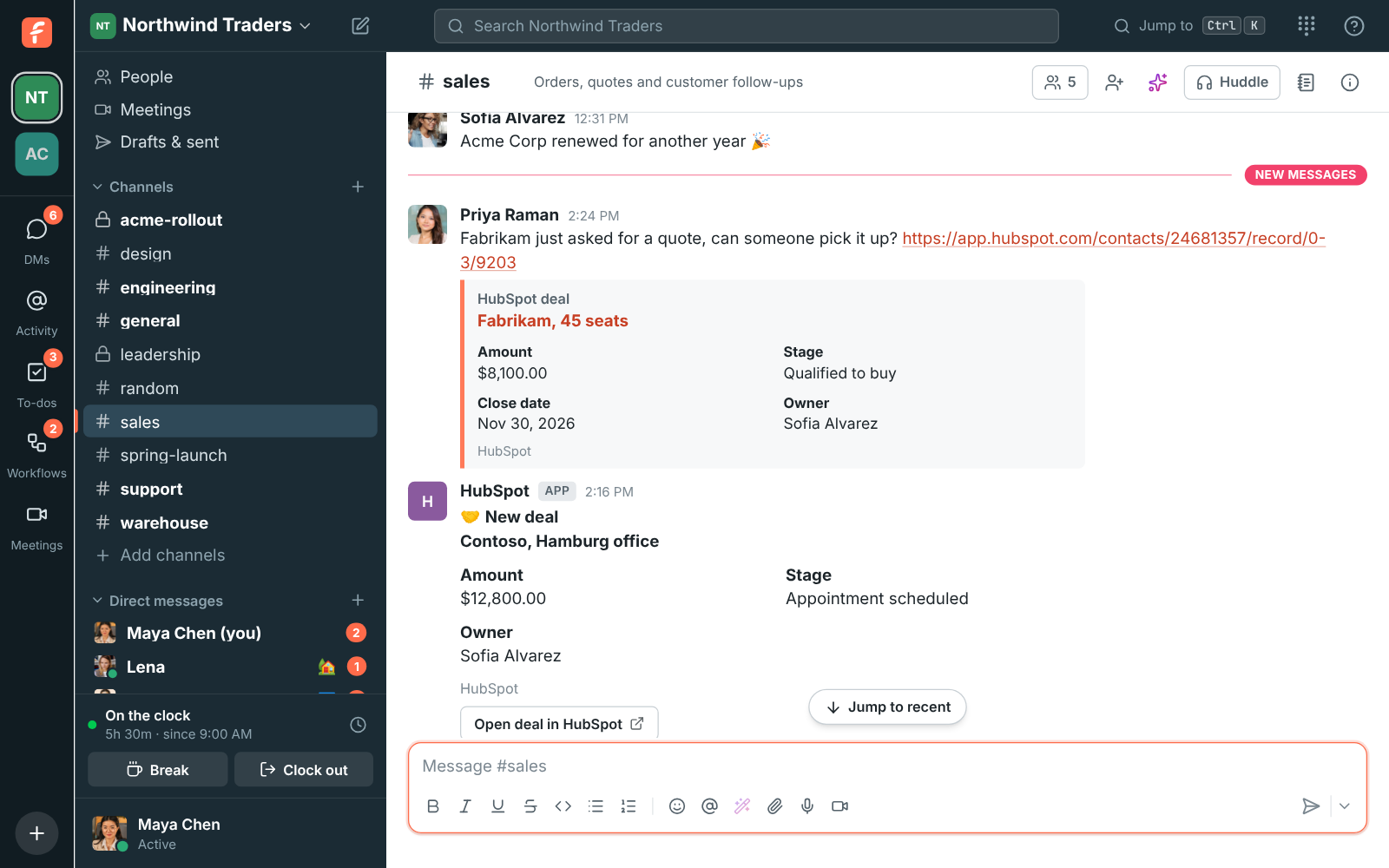 HubSpot deal alerts for Northwind Traders posted into a sales channel
