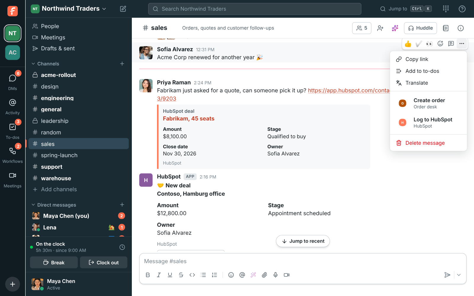 A message’s More actions menu with Log to HubSpot under the HubSpot app
