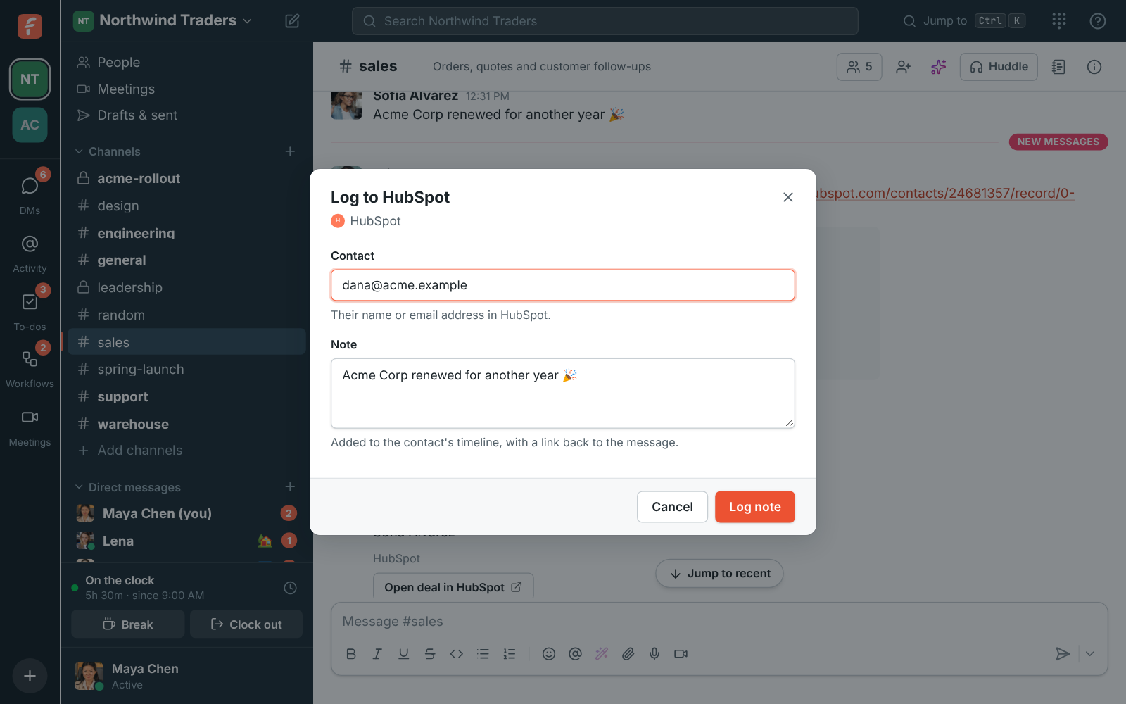 Log to HubSpot: the contact's email address and the note