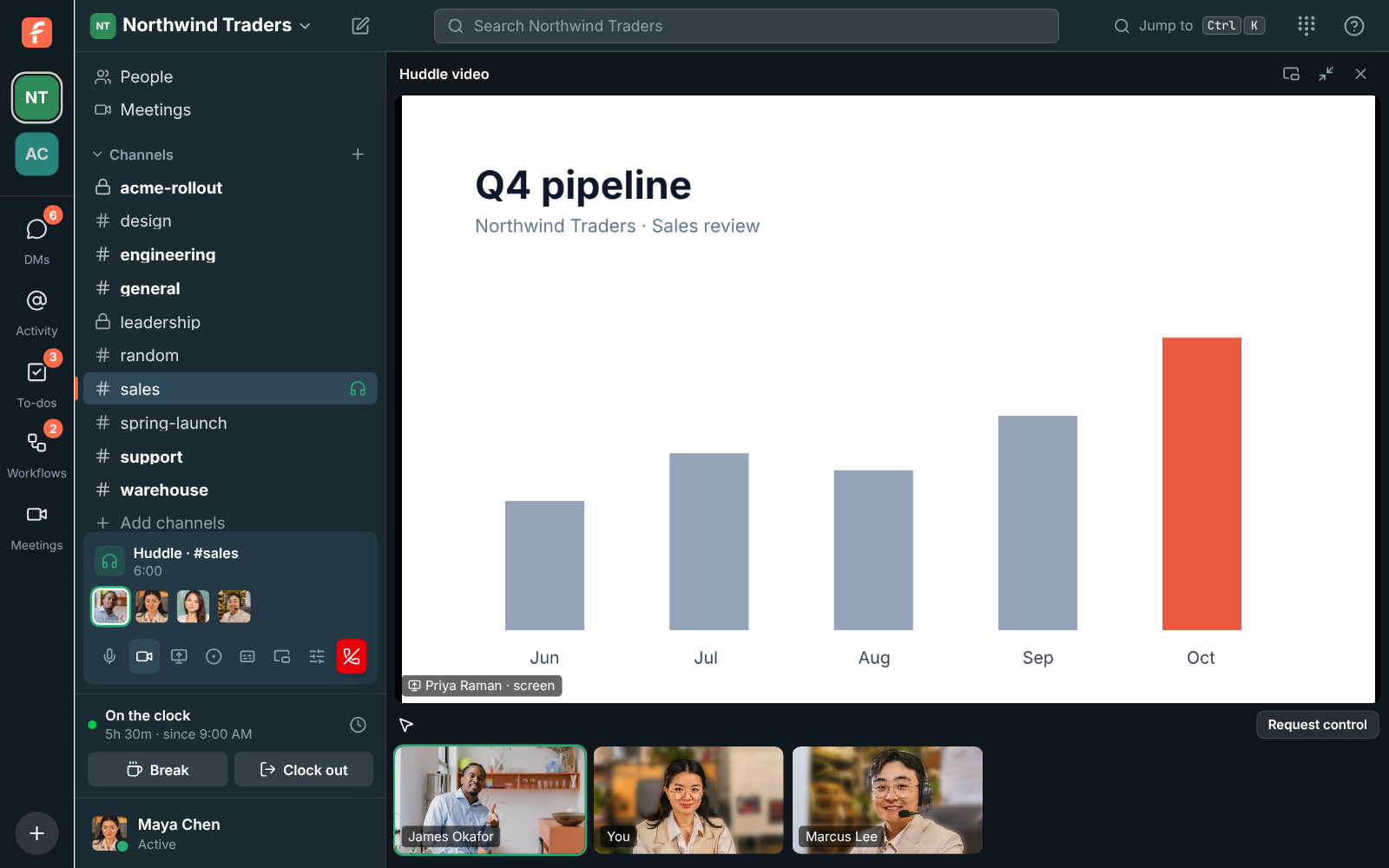 A huddle made bigger: a shared screen and three cameras, with the sidebar still usable