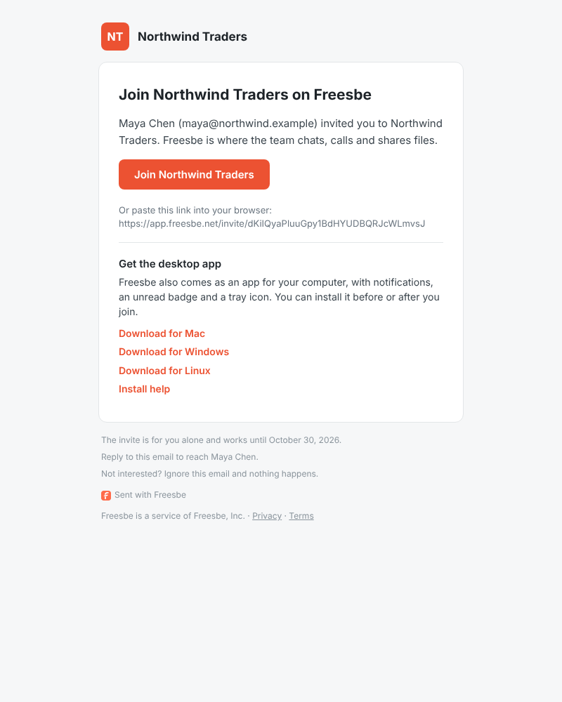 An invite email: the Join button, then direct downloads of the desktop app