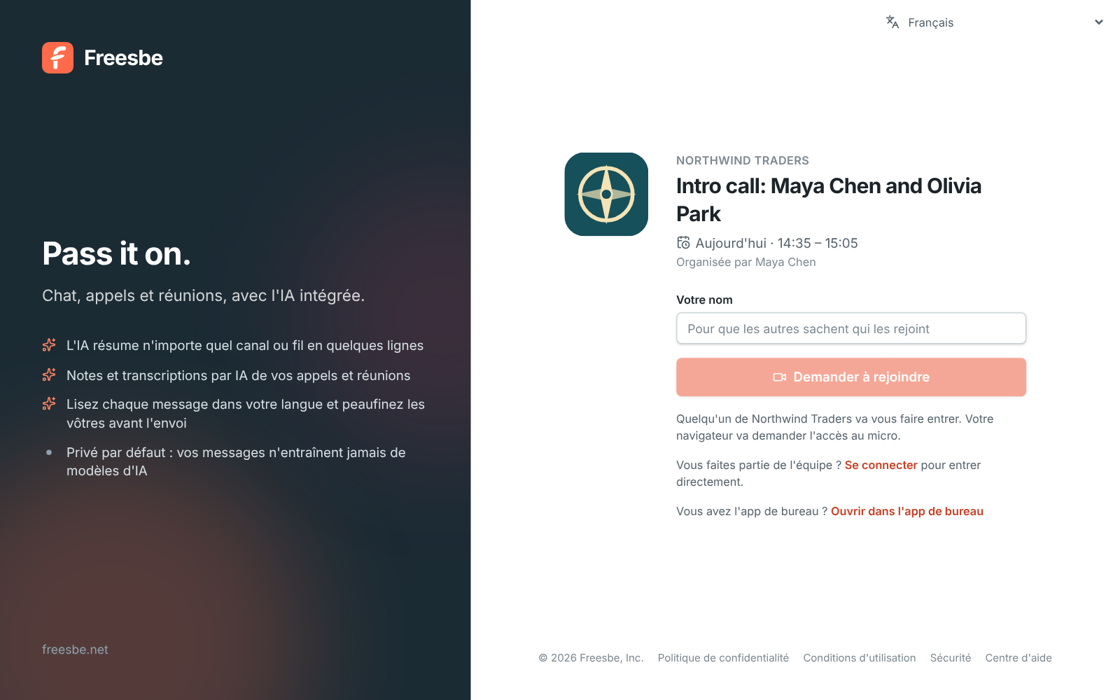 The meeting link in French, for a guest whose browser is set to French