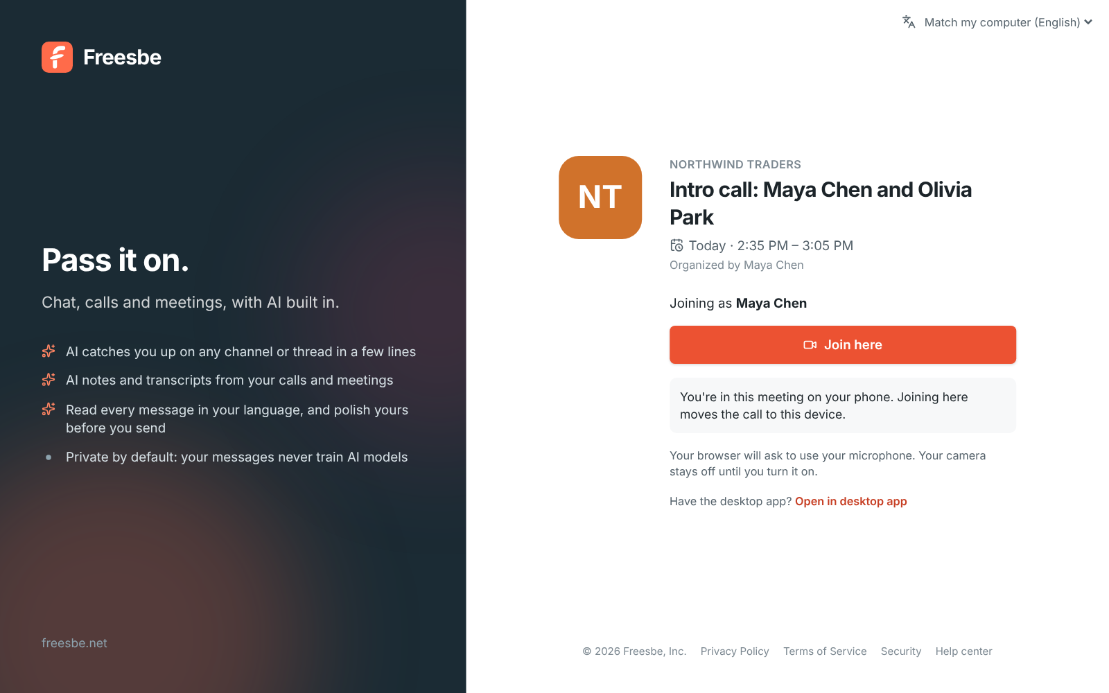 The meeting page for Intro call: Maya Chen and Olivia Park, with Join here and You’re in this meeting on your phone. Joining here moves the call to this device.