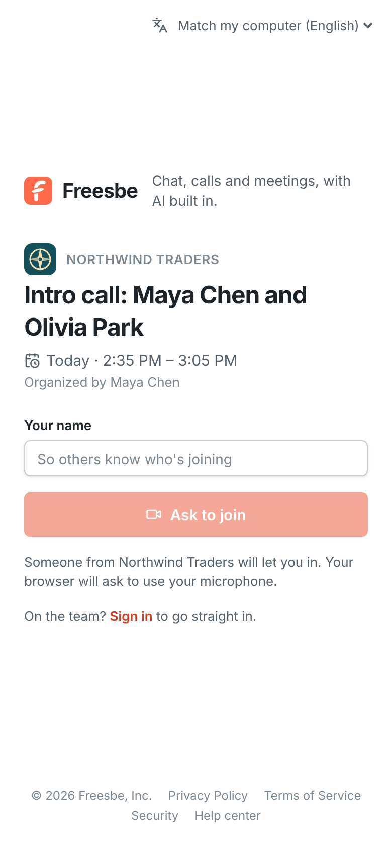 The meeting link on a phone: a small Northwind Traders logo next to the workspace’s name above the title