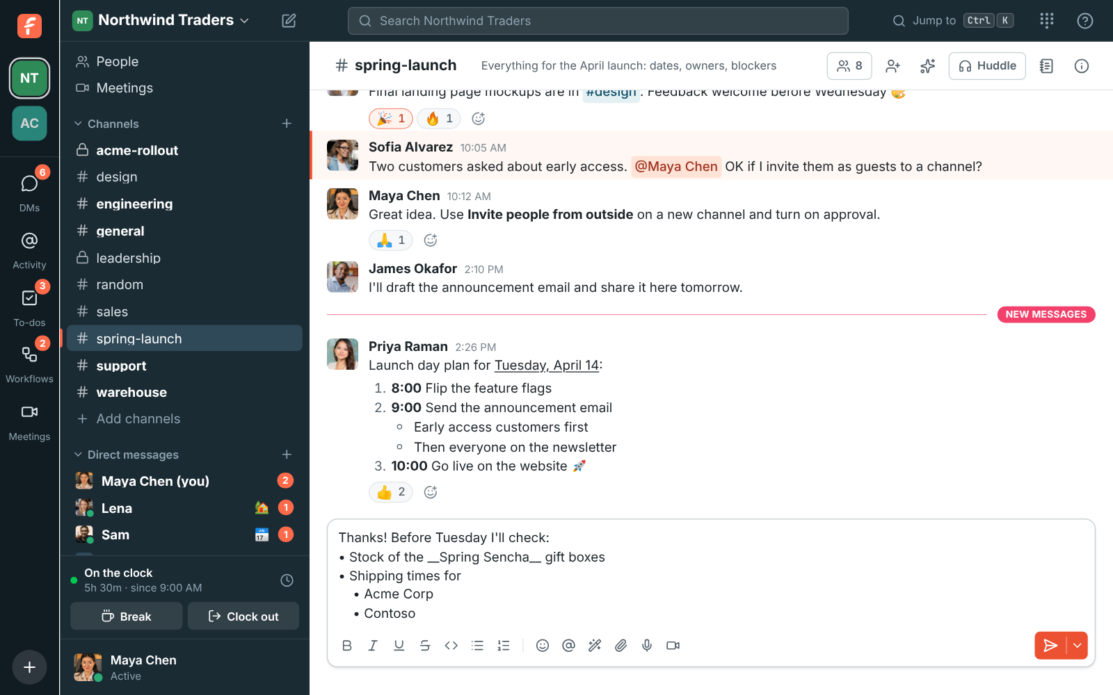 #spring-launch with a numbered launch plan that has bullets under one step and an underlined date, and Maya typing a bulleted list with two nested items