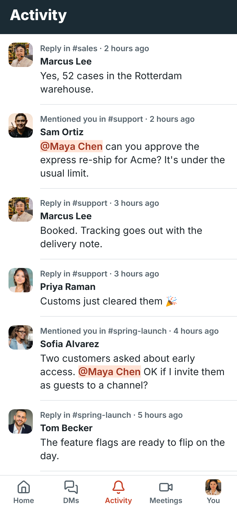 Activity: mentions in #support and #spring-launch, and replies in threads you follow