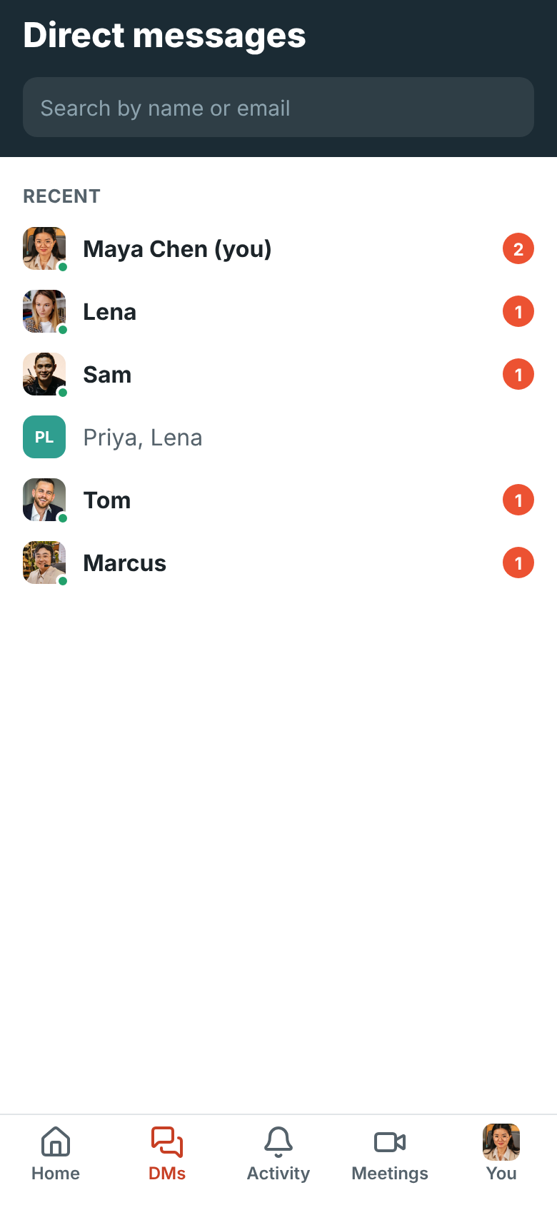 The DMs tab with recent direct messages and a search box