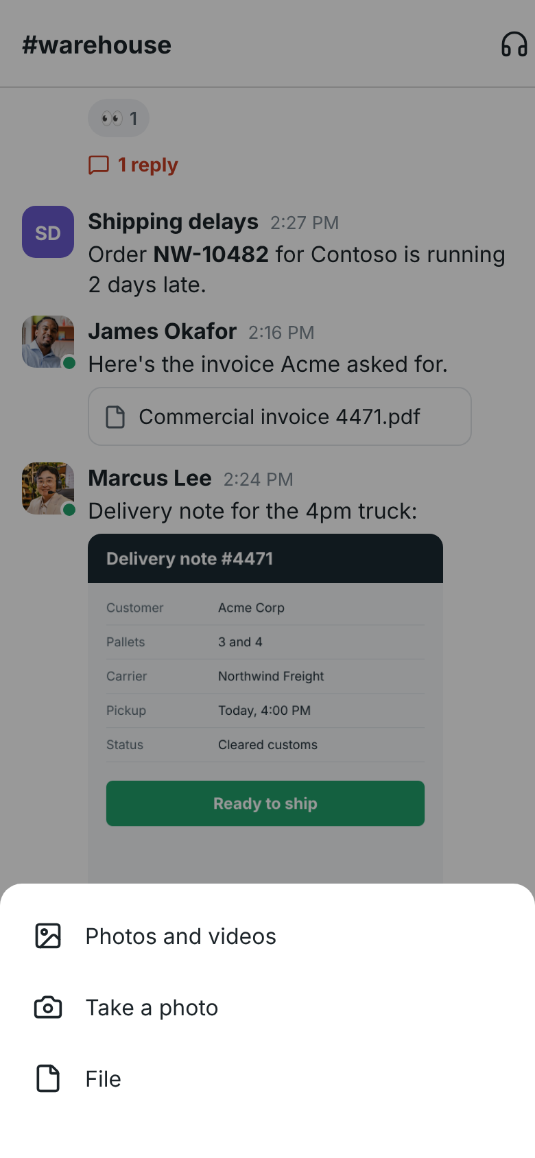 The + menu over a conversation: Photos and videos, Take a photo and File