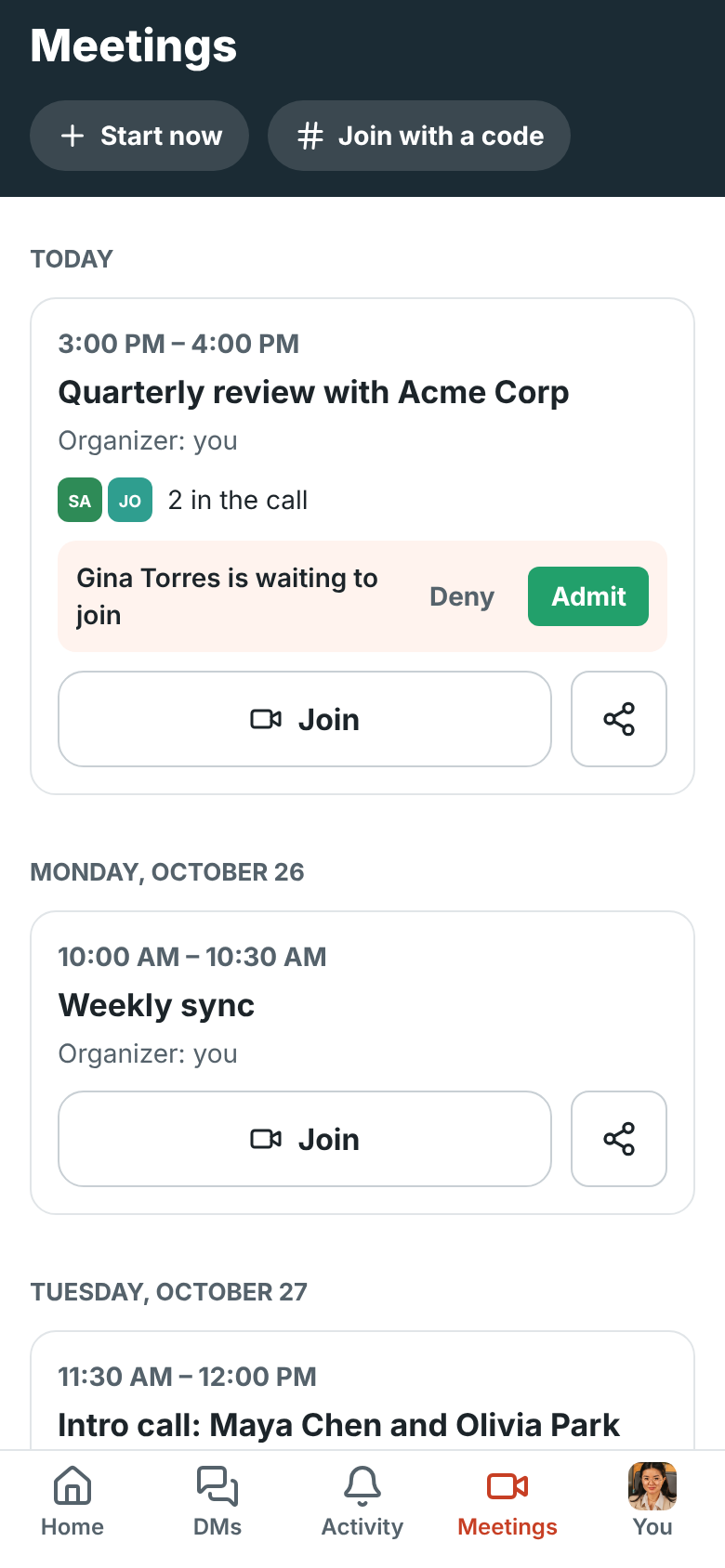 The Meetings tab: the Quarterly review with Acme Corp with Sofia and James in the call and Gina Torres waiting to join with Deny and Admit, then the Weekly sync on Monday