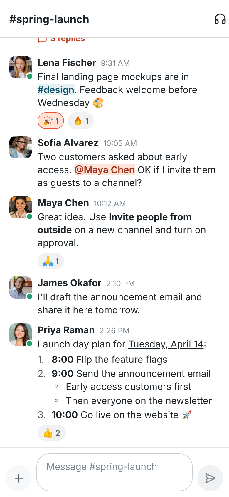#spring-launch on a phone with a numbered launch plan, bullets nested under one step and an underlined date