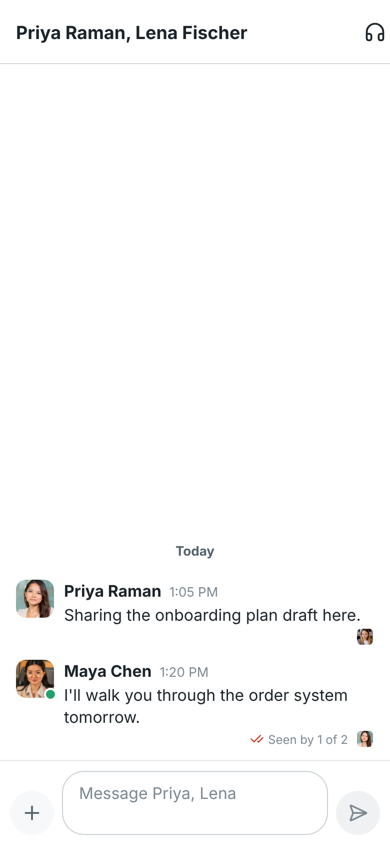 The group DM with Priya and Lena on a phone: their pictures under the messages they read, and Seen by 1 of 2 under Maya’s message