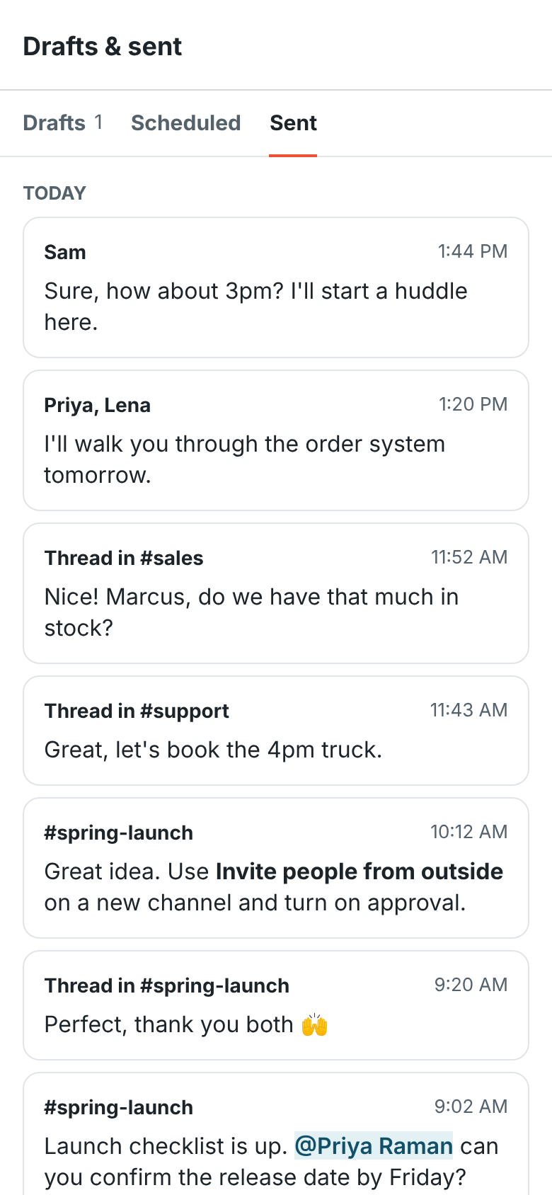 The Sent tab on the phone: today’s messages and replies in a DM with Sam, threads in #sales and #support, and #spring-launch