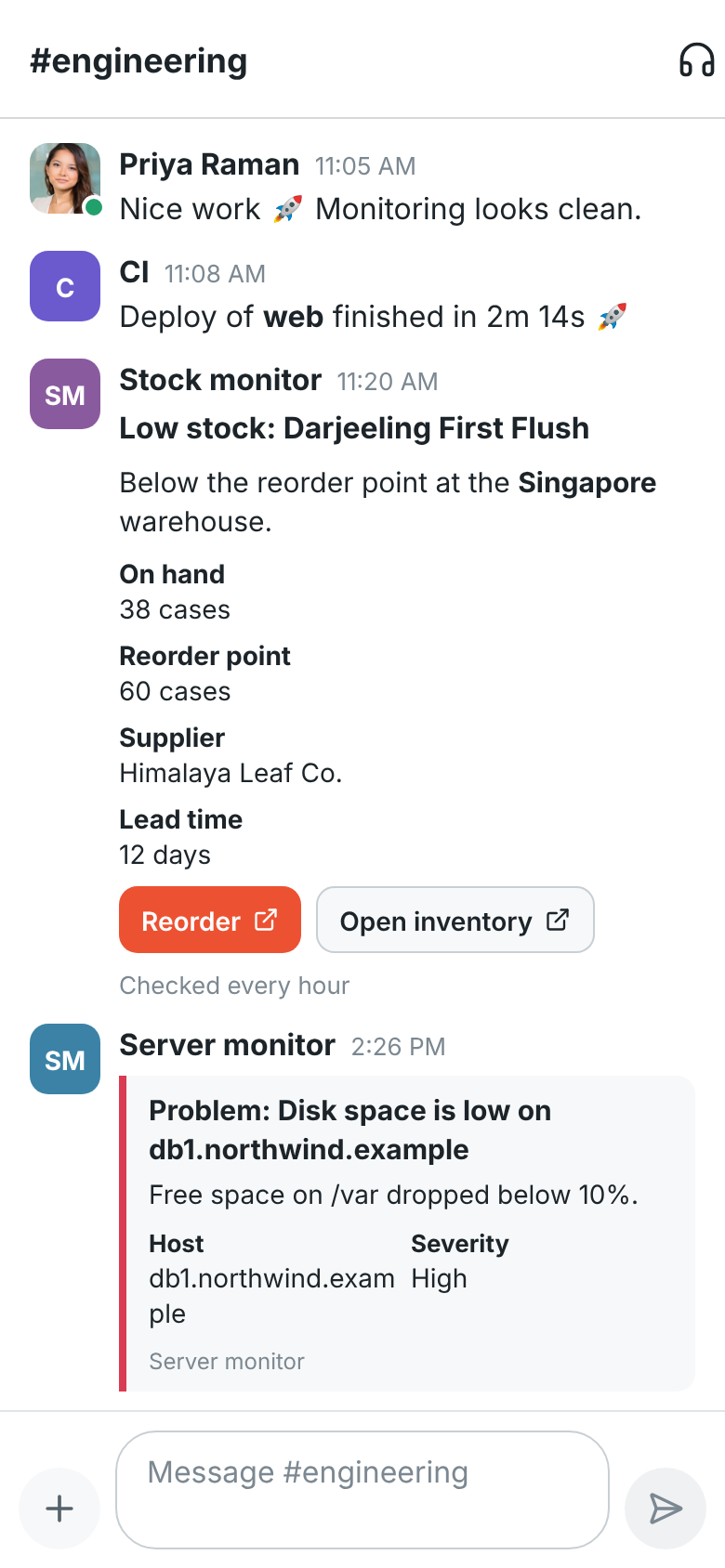 #engineering with a stock warning card with Reorder and Open inventory buttons, and a red disk space alert