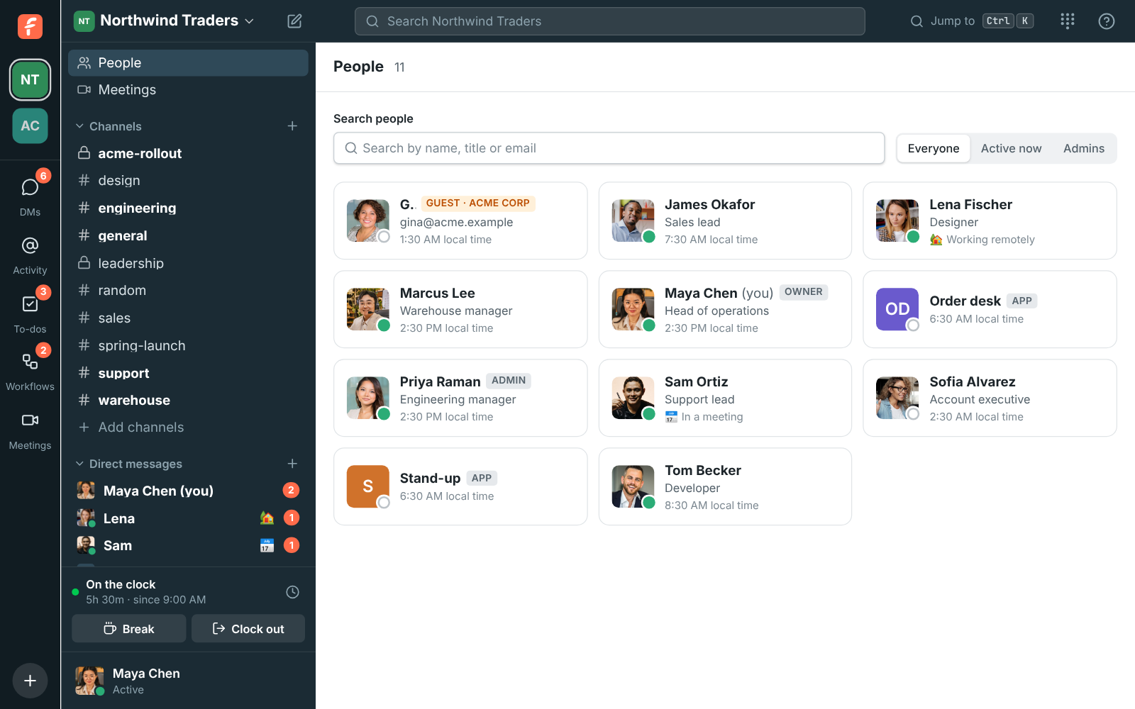 The People directory with each person’s title, status and local time