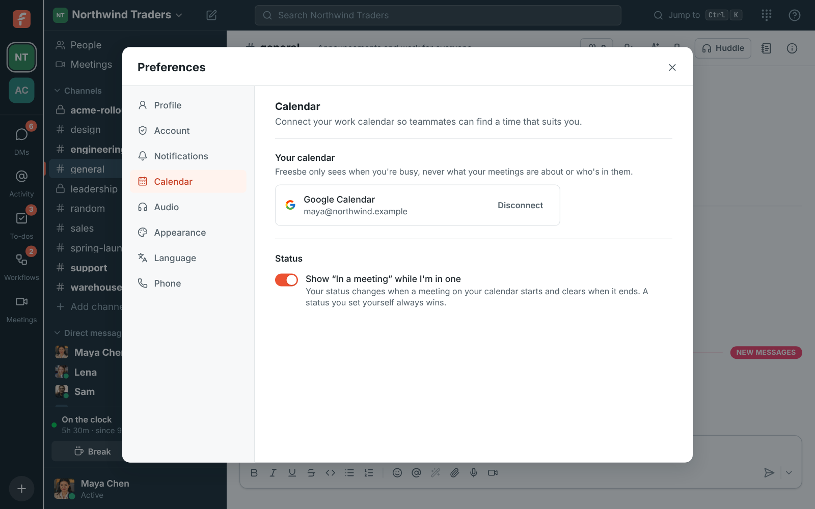 Preferences, Calendar: a connected Google calendar and the In a meeting setting