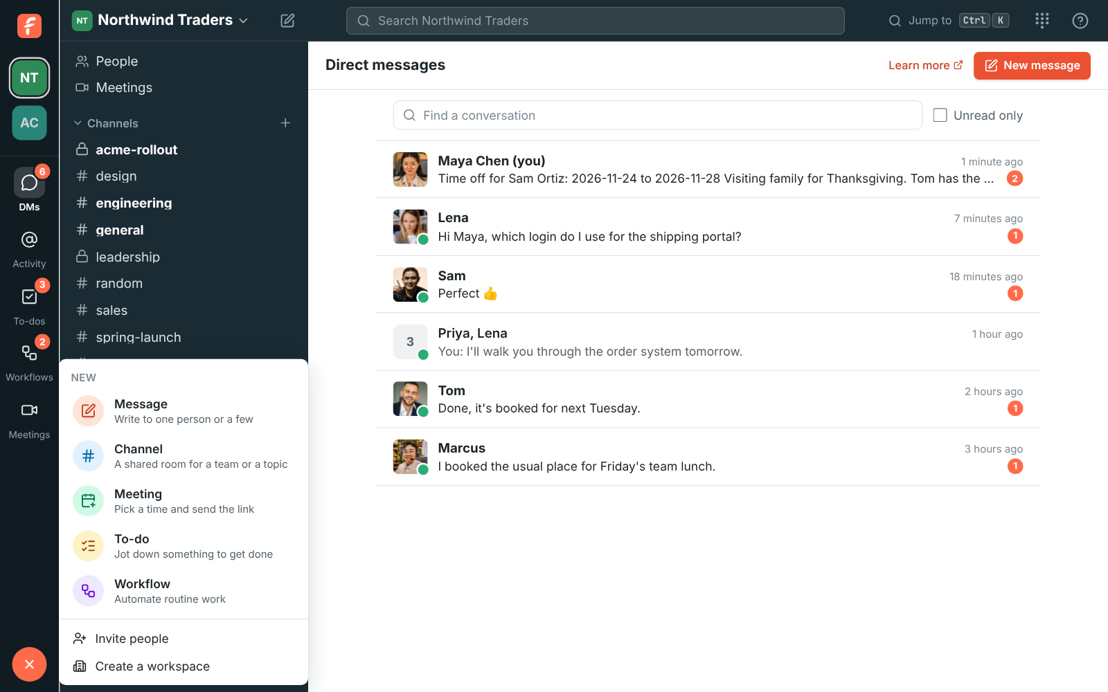 The rail with DMs, Activity, To-dos and Meetings buttons under the workspace, and the Create menu open from the + button