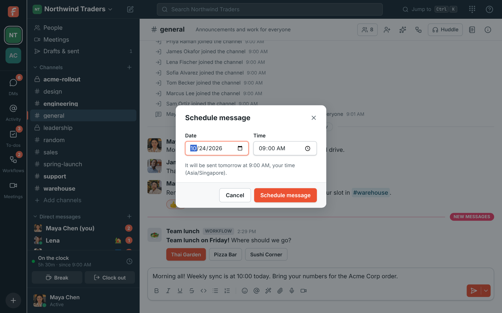 The Schedule message dialog with a date, a time, and when the message will be sent