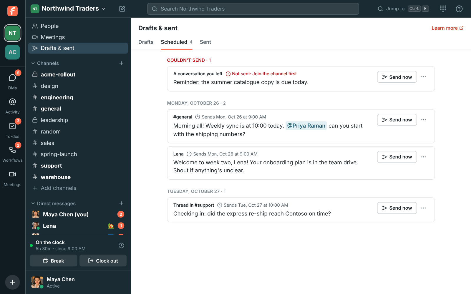 The Scheduled messages page: one that couldn’t be sent at the top, then messages for Monday and Tuesday