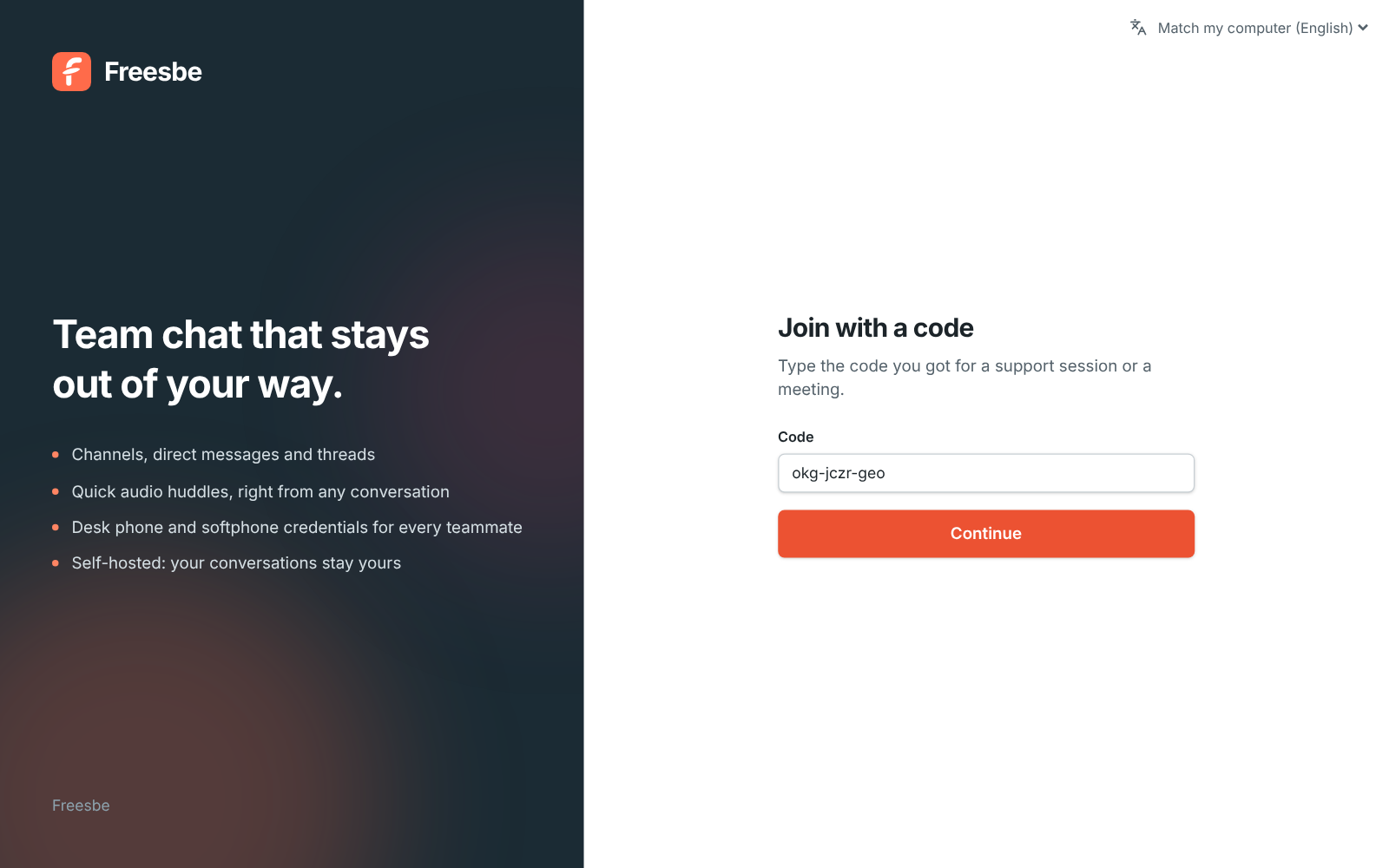 The Join with a code page with a code typed in