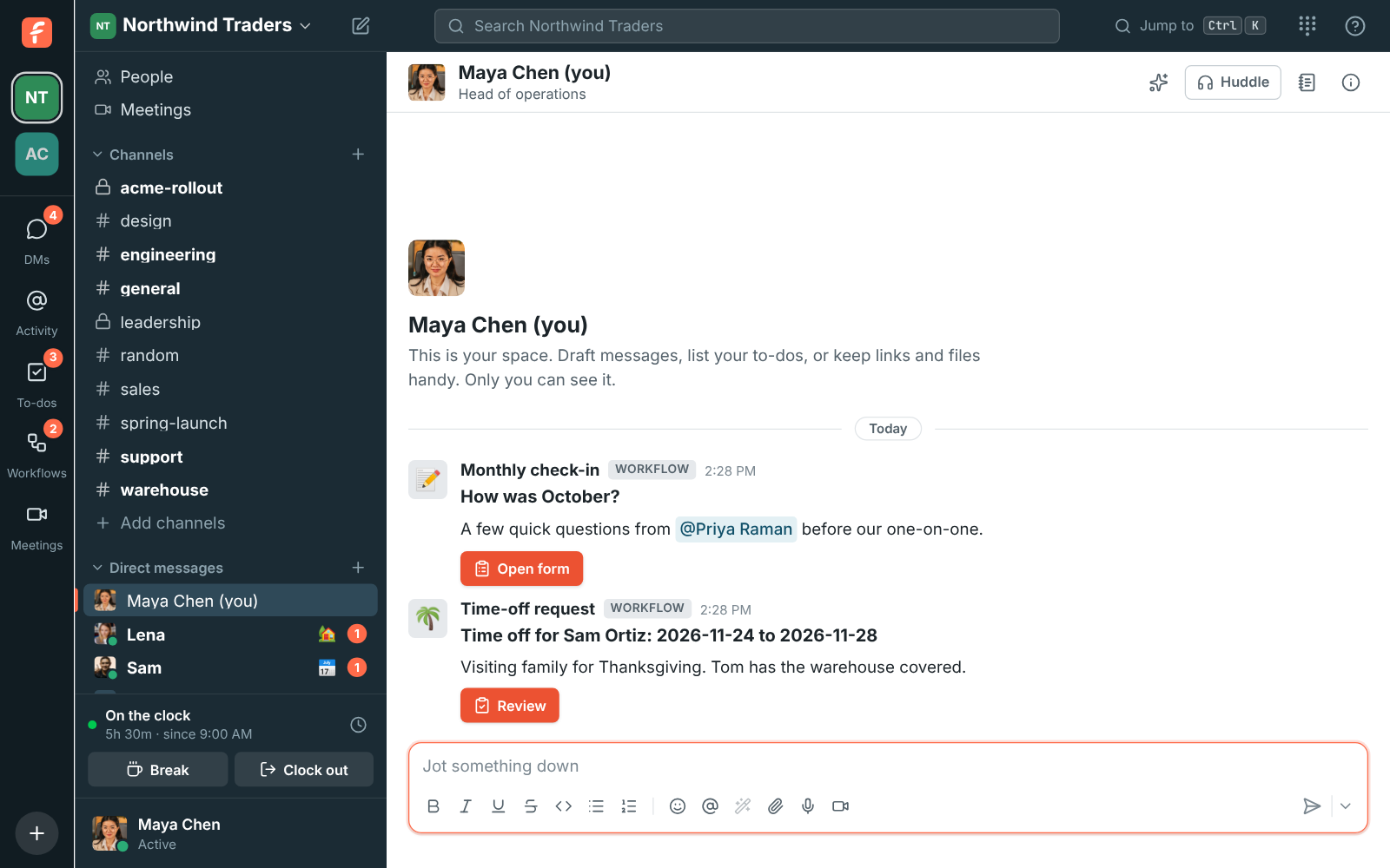 The approval card a workflow sends, with its Review button