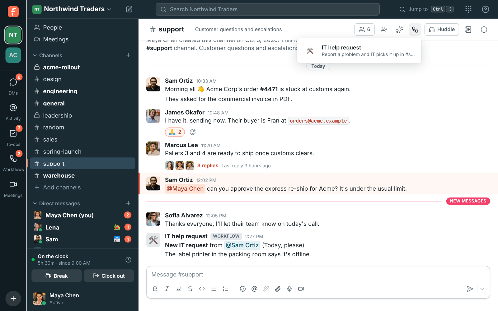 The Workflows button at the top of #support