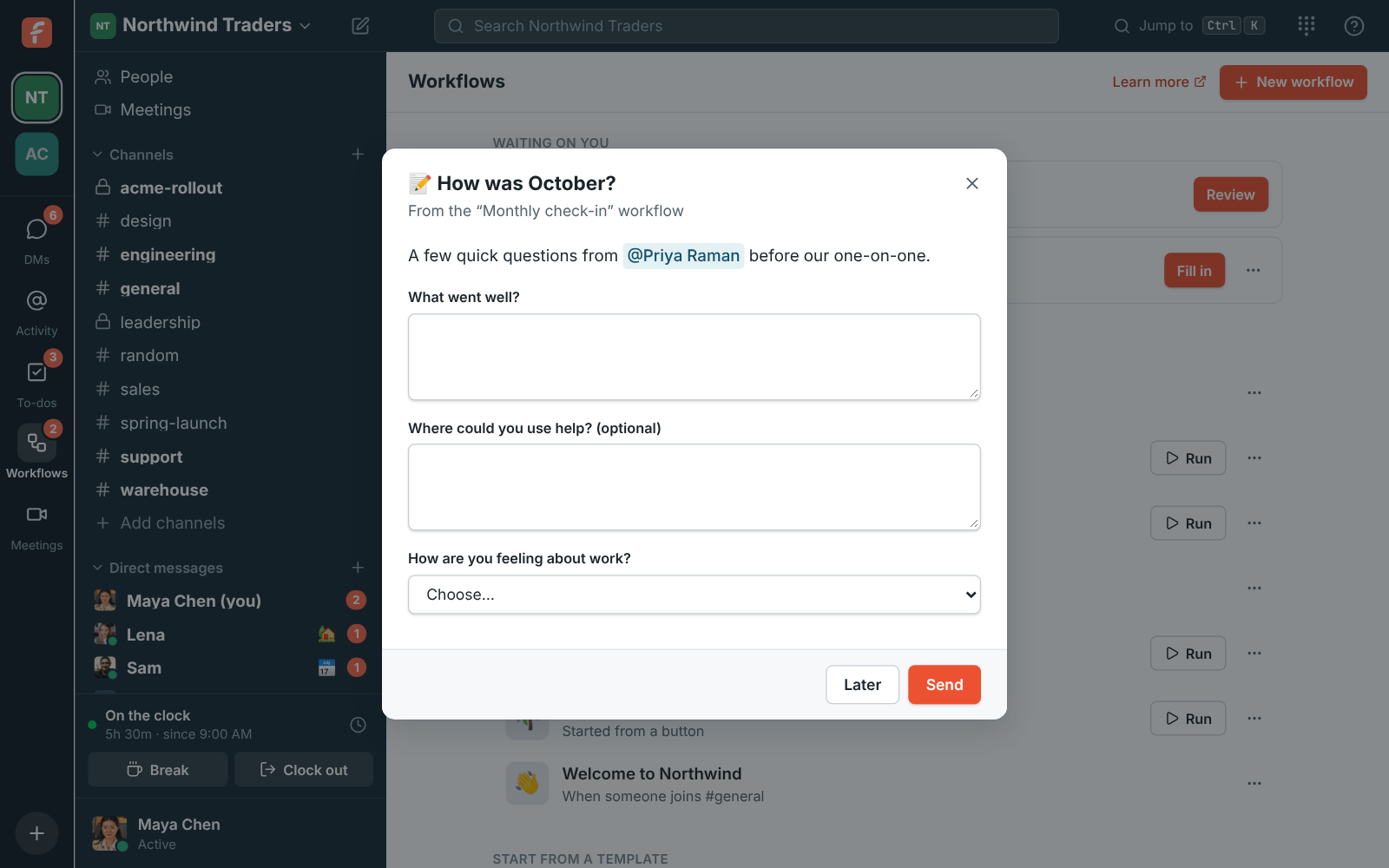 A form from the Monthly check-in workflow