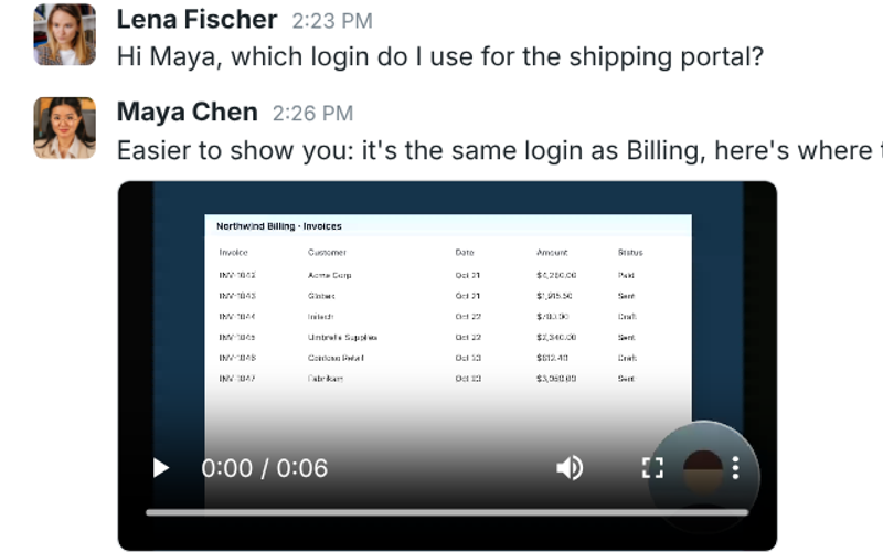 A screen recording and an audio clip in a direct message