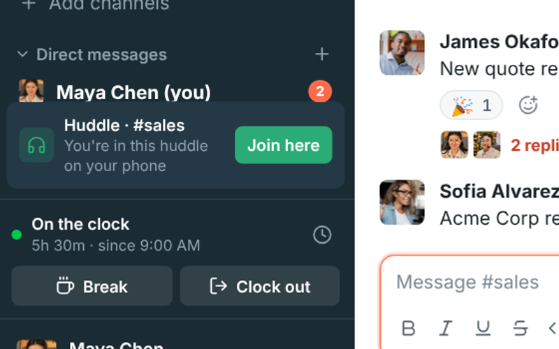 A huddle running on a phone, with Join here in the sidebar