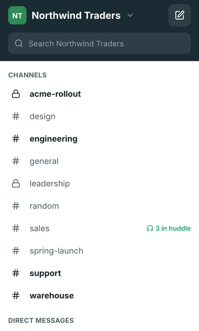 The phone app's home screen with channels and direct messages