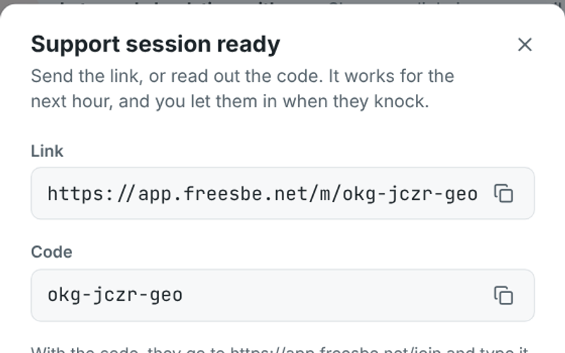 A support session ready, with a link and a code to give the customer